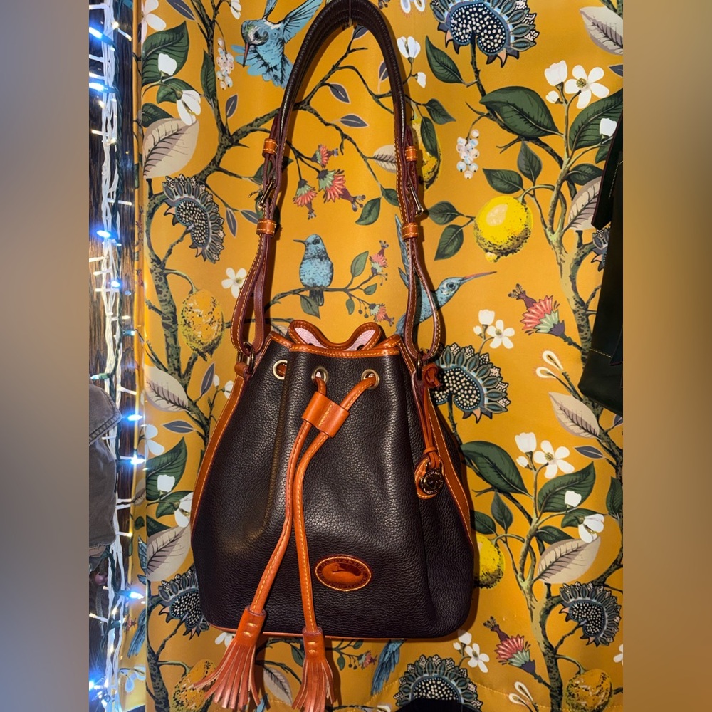 Dooney And Bourke All Weather Leather Brown Medium Bucket Drawstring Bag